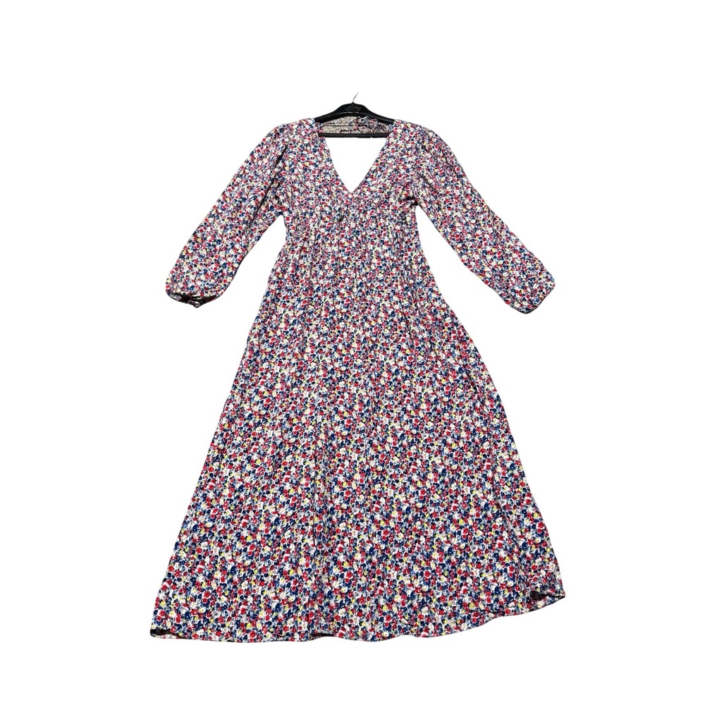 H&M Womens Floral V-Neck Maxi Dress Long Sleeve Open Back Red Blue Small